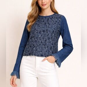 NWT anthropologies, English factory, lace denim fringe floral top size xs